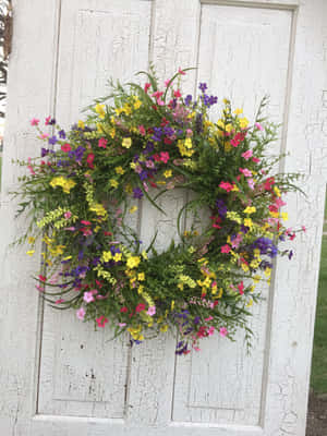 Beautiful Handcrafted Spring Wreath On A Rustic Wooden Door Wallpaper