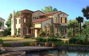 Beautiful Luxury Lakeside Stone House Wallpaper