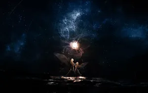 Beautiful Magical Night Sky With Fairies Holding Hands Wallpaper