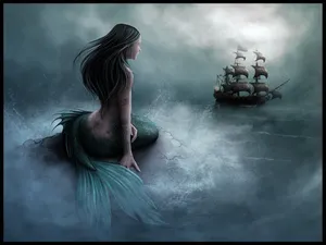 Beautiful Mermaid And A Boat Wallpaper