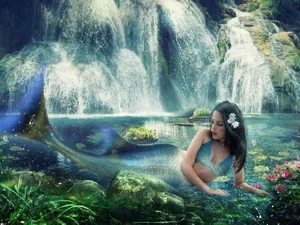 Beautiful Mermaid On The Falls Wallpaper