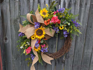 Beautiful Spring Wreath On A Rustic Wooden Door Wallpaper