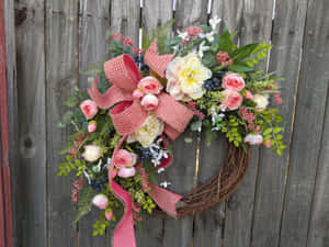 Beautiful Spring Wreath On A Rustic Wooden Door Wallpaper