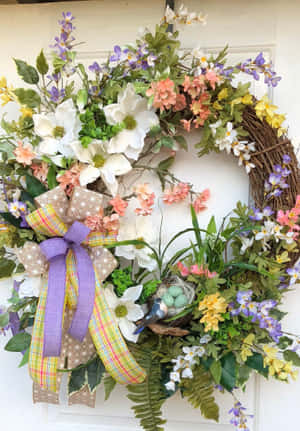 Beautiful Spring Wreath On Rustic Wooden Door Wallpaper