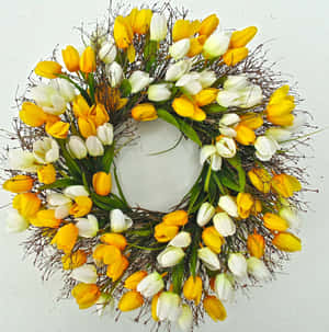 Beautiful Spring Wreath On Wooden Door Wallpaper