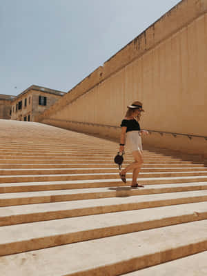 Beige Staircase Summer Outfit Woman Wallpaper