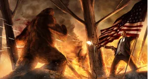 Bigfoot Fighting Man With Gun In Forest Wallpaper