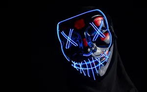 Black 4k Mask Anonymous With Blue Neon Lights Wallpaper