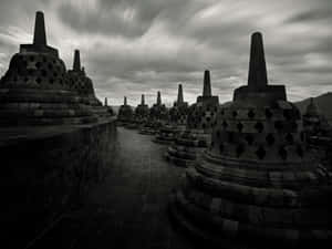 Black And White Photograph Of Borobudur Temple Wallpaper