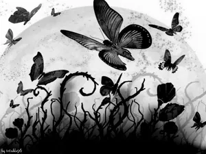 Black Butterfly Flying Over Abstract Plants Wallpaper