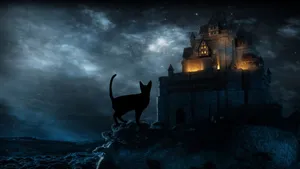 Black Cat Castle Halloween Night Wallpaper