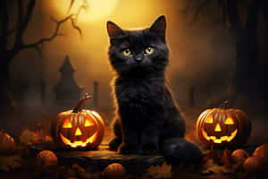 Black Cat Halloween Pumpkins Wallpaper