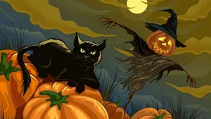 Black Catand Pumpkin Halloween Scene Wallpaper