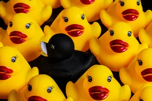 Black Rubber Duck Among Yellow Ducks Wallpaper