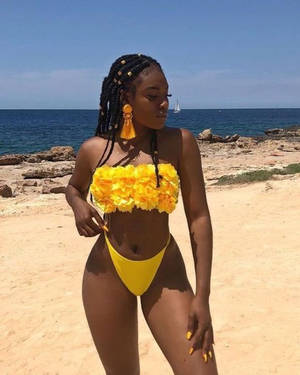 Black Woman In Bikini Flowers Wallpaper