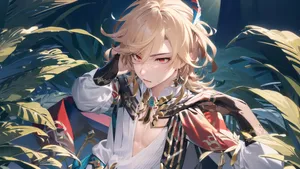 Blonde Anime Character Tropical Backdrop Wallpaper