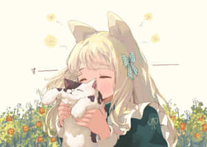 Blonde Anime Girl Cuddling Cat Wallpaper