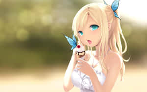 Blonde Anime Girl Enjoying Ice Cream Wallpaper