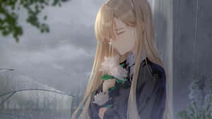 Blonde Anime Girl Rainy Window Flower Wallpaper