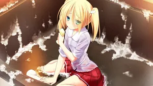 Blonde Anime Girl Sitting School Uniform Wallpaper