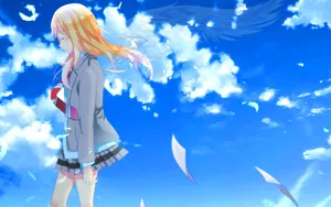 Blonde Anime Girl Walking Under Blue Sky Wallpaper
