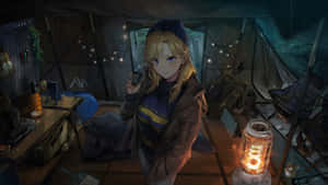 Blonde Anime Girlin Cozy Tent Scene Wallpaper