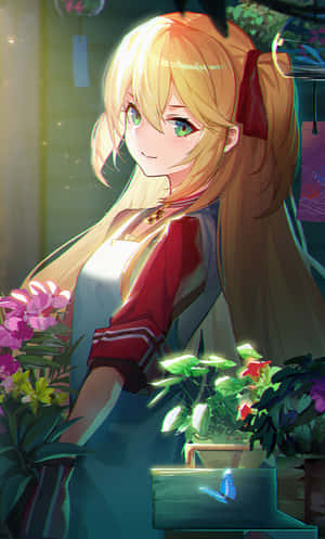 Blonde Anime Girlwith Flowers Wallpaper