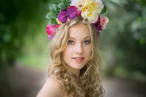 Blonde Female Model Big Flowers Wallpaper