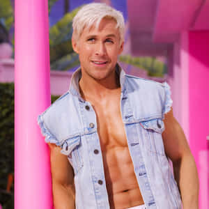 Blonde Man Denim Vest Pink Backdrop Wallpaper