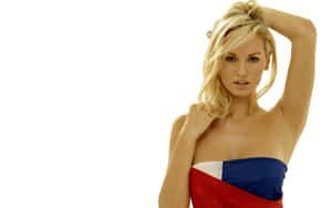 Blonde Model Flag Dress Pose Wallpaper