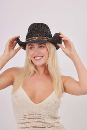 Blonde Woman Cowgirl Hat Smile Wallpaper