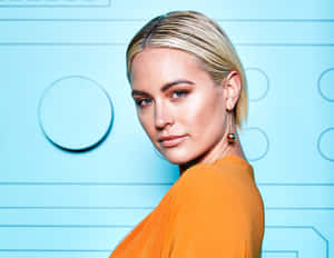 Blonde Woman Orange Top Blue Background Wallpaper