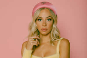 Blonde Woman Pink Beret Yellow Top Wallpaper