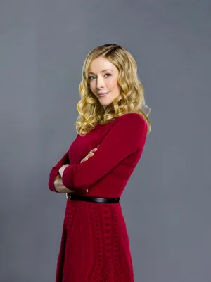 Blonde Womanin Red Dress Portrait Wallpaper