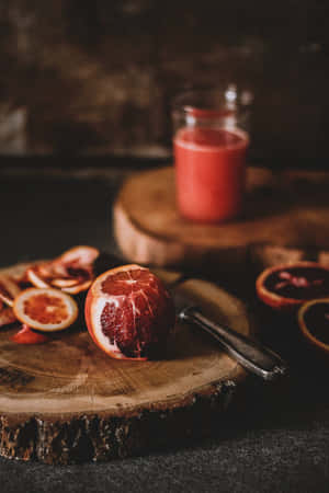 Blood Orange Juice On A Wooden Cutting Board Wallpaper