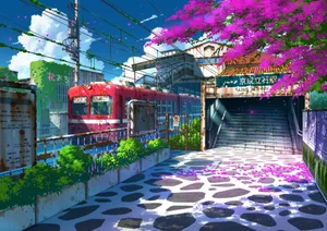 Blossoming Train Station Anime Artwork Wallpaper