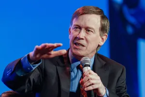 Blue Aesthetic John Hickenlooper With Microphone Wallpaper