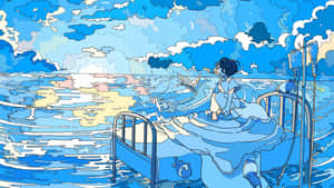 Blue Anime Girl Drifting On The Sea Wallpaper