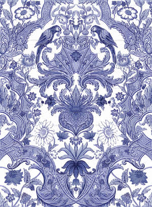 Blue Damask Patternwith Birds Wallpaper