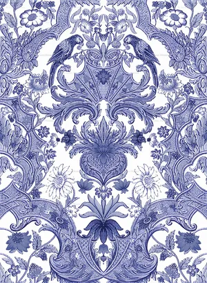 Blue Damask Patternwith Birds Wallpaper