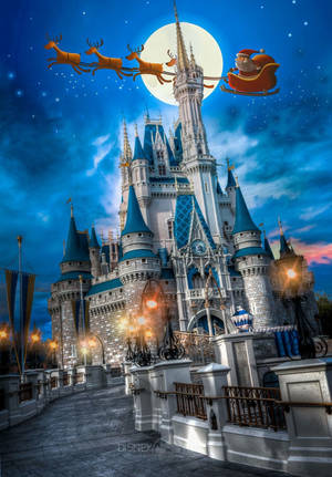 Blue Disneyland Castle Santa And Reindeer Wallpaper