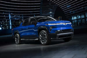 Blue Electric Pickup Truck Night Showcase Wallpaper