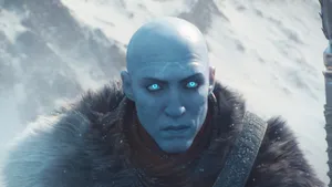 Blue Eyed Bald Character Snowy Backdrop.jpg Wallpaper