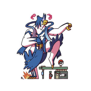 Blue Gigantamax Urshifu With Gasoline Station Wallpaper