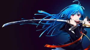 Blue Haired Anime Character With Sword Wallpaper
