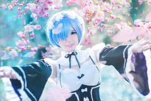 Blue Haired Anime Cosplayamidst Cherry Blossoms Wallpaper