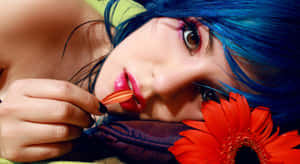 Blue Haired Emo Girlwith Flower Wallpaper