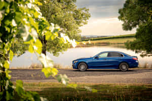 Blue Mercedes Benz C Class Lakeside Park Wallpaper