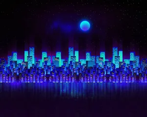 Blue Neon Cityscape Reflection Wallpaper