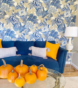 Blue Sofa Autumn Decor Wallpaper